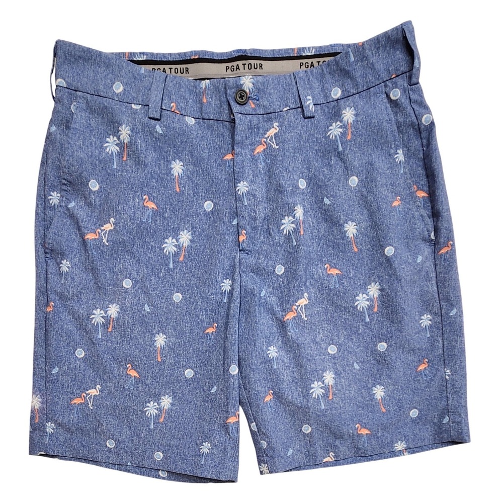 PGA Tour Golf Shorts Mens 32 Blue Tropical Flamingo Palm Tree Stretch Flat Front